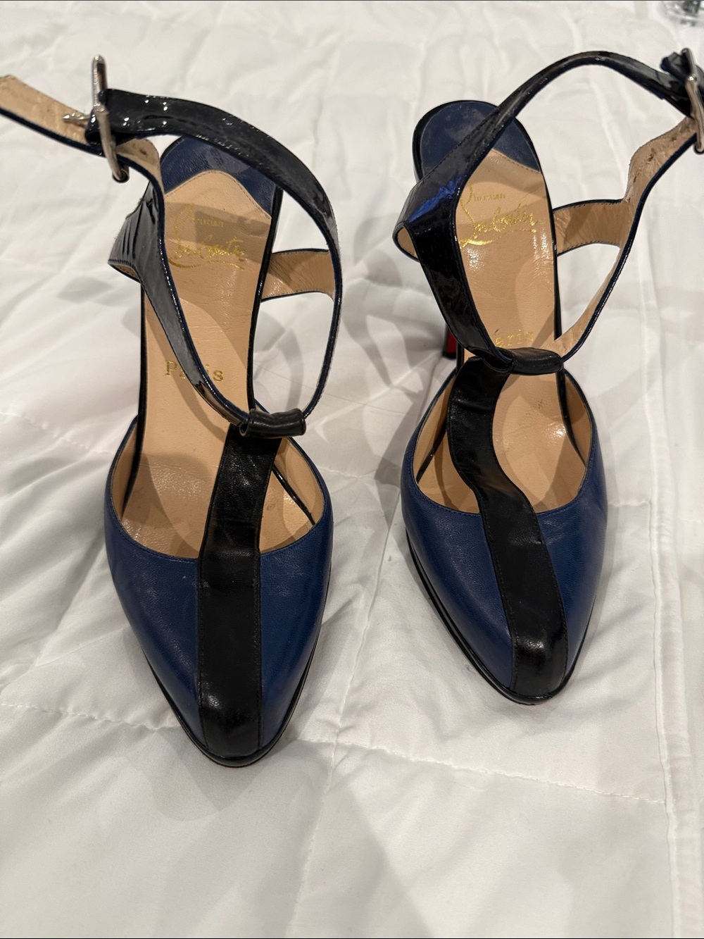 Christian Louboutin Blue and Black Leather T-Strap Pointed Pumps